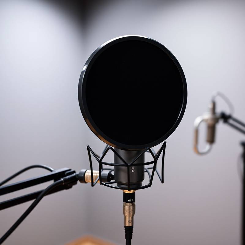 Microfone Neumann U87 em frente ao filtro pop.
